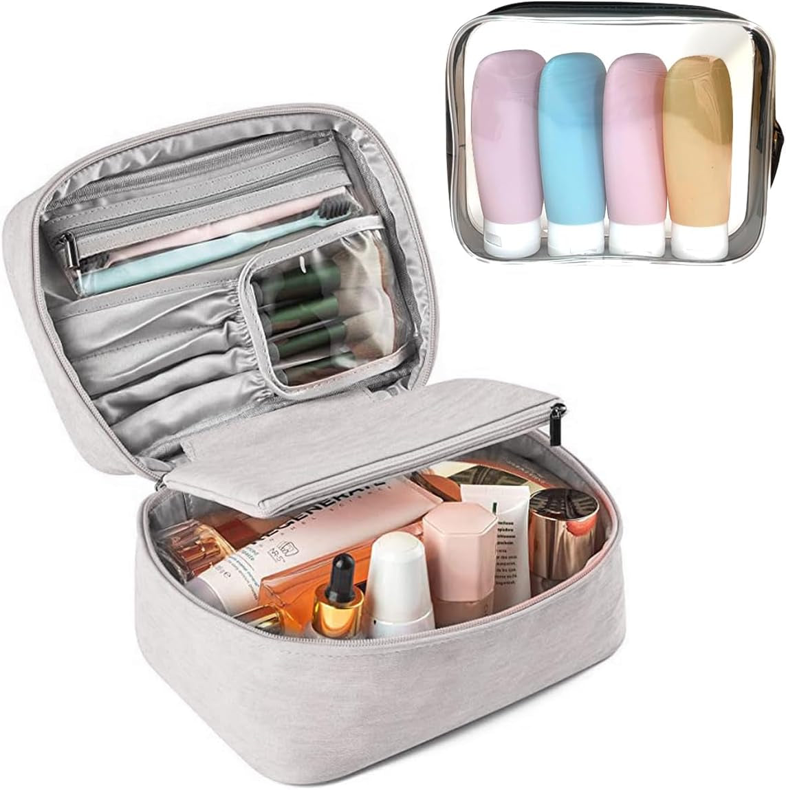 2Pcs Bolsa De Maquillaje, Neceser De Viaje Con Bolsa Desmontable, Portátil Impermeable Y Grande Para Mujer (Gris)