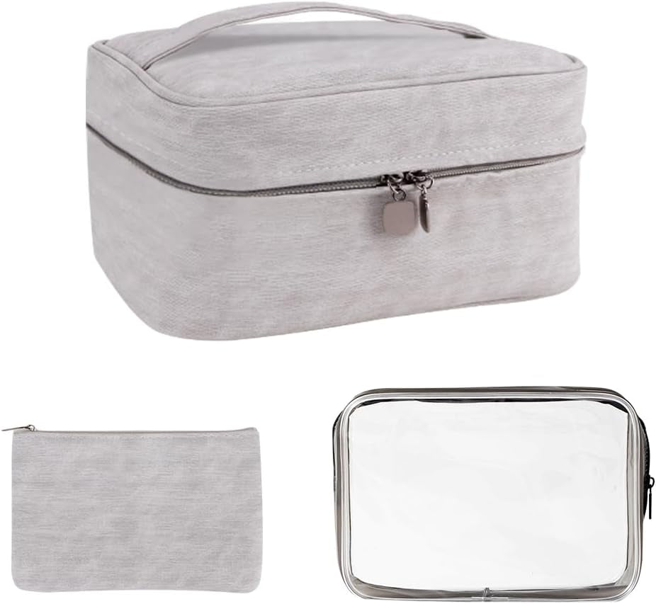 2Pcs Bolsa De Maquillaje, Neceser De Viaje Con Bolsa Desmontable, Portátil Impermeable Y Grande Para Mujer (Gris)