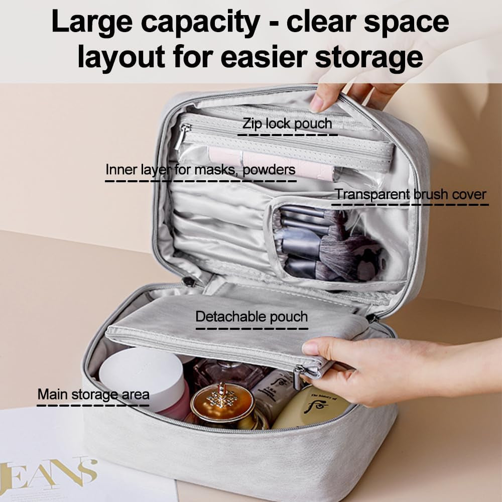 2Pcs Bolsa De Maquillaje, Neceser De Viaje Con Bolsa Desmontable, Portátil Impermeable Y Grande Para Mujer (Gris)