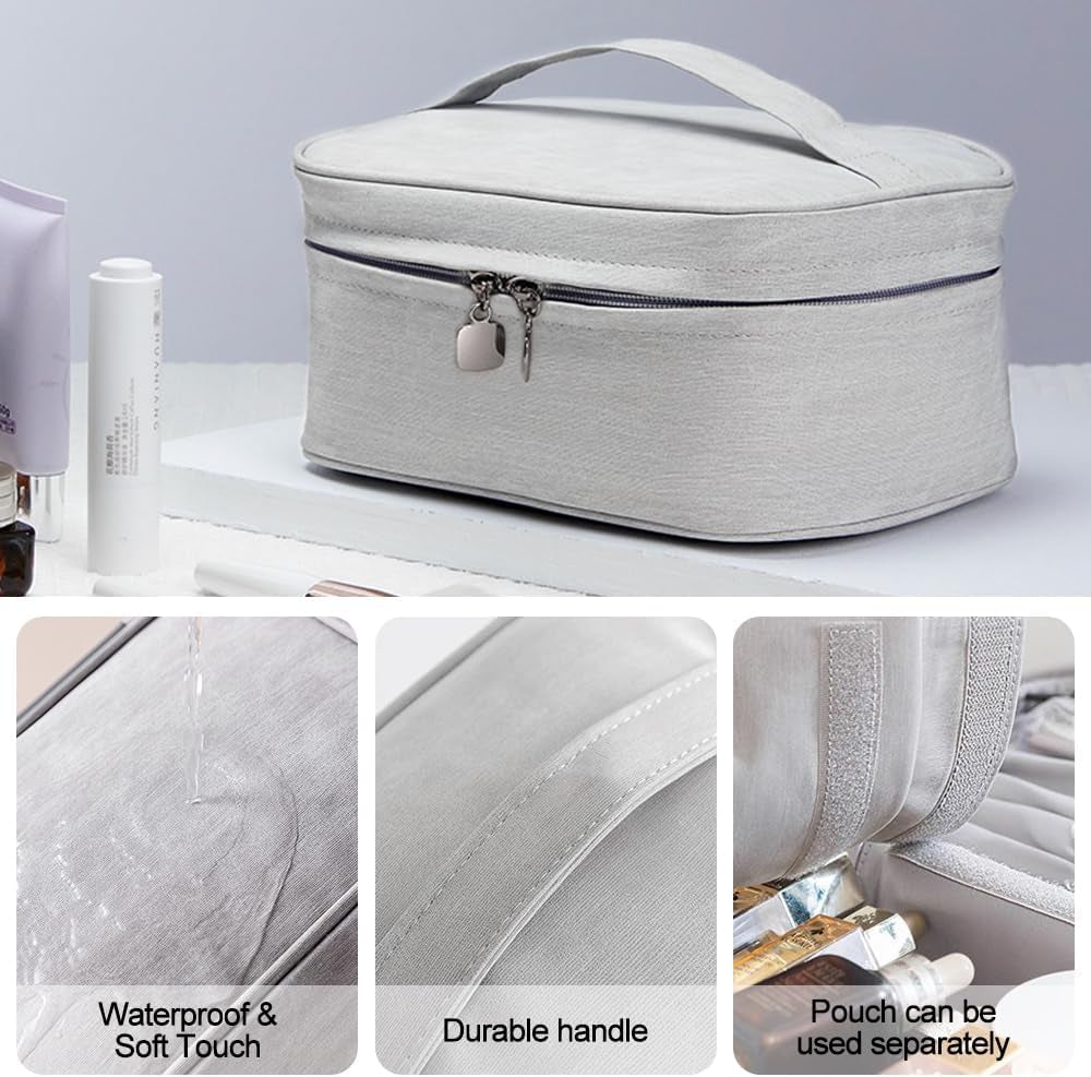 2Pcs Bolsa De Maquillaje, Neceser De Viaje Con Bolsa Desmontable, Portátil Impermeable Y Grande Para Mujer (Gris)
