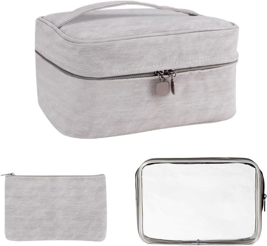 2Pcs Bolsa De Maquillaje, Neceser De Viaje Con Bolsa Desmontable, Portátil Impermeable Y Grande Para Mujer (Gris)