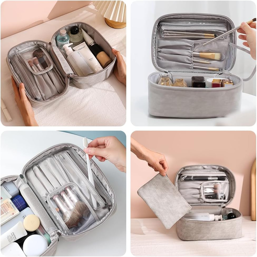 2Pcs Bolsa De Maquillaje, Neceser De Viaje Con Bolsa Desmontable, Portátil Impermeable Y Grande Para Mujer (Gris)
