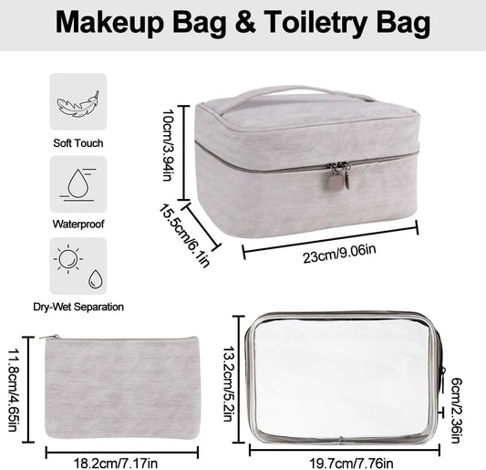 2Pcs Bolsa De Maquillaje, Neceser De Viaje Con Bolsa Desmontable, Portátil Impermeable Y Grande Para Mujer (Gris)
